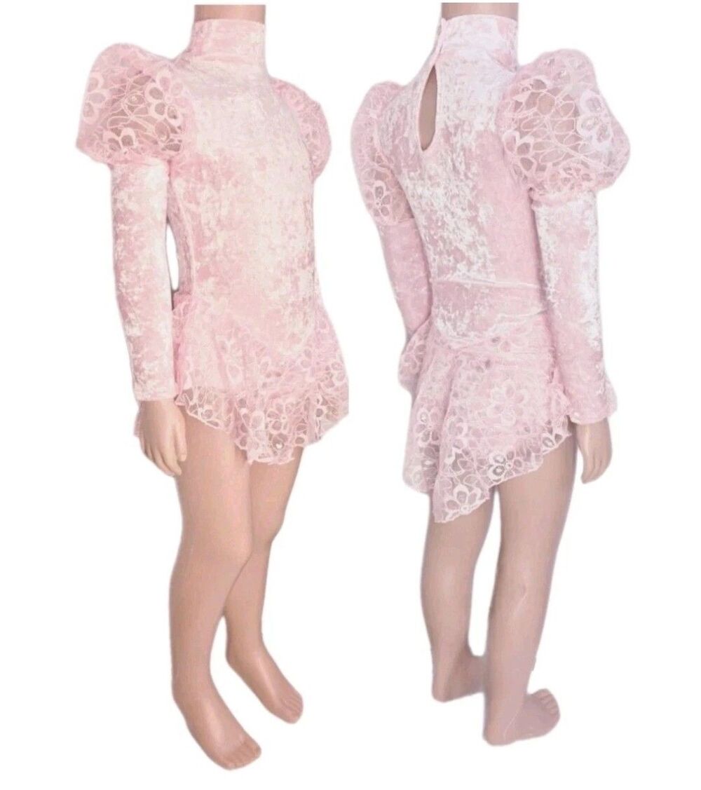 Gilda Marx Kids High Neck Velvet Lace Keyhole Pink Leotard Skate Dress Size 6X/7